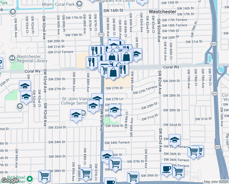 map of restaurants, bars, coffee shops, grocery stores, and more near 8530 Southwest 27th Terrace in Miami