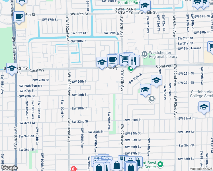 map of restaurants, bars, coffee shops, grocery stores, and more near 2701 Southwest 98th Avenue in Miami