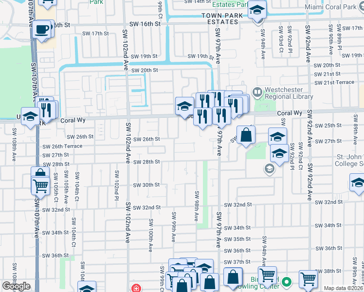 map of restaurants, bars, coffee shops, grocery stores, and more near 9865 Southwest 27th Terrace in Miami