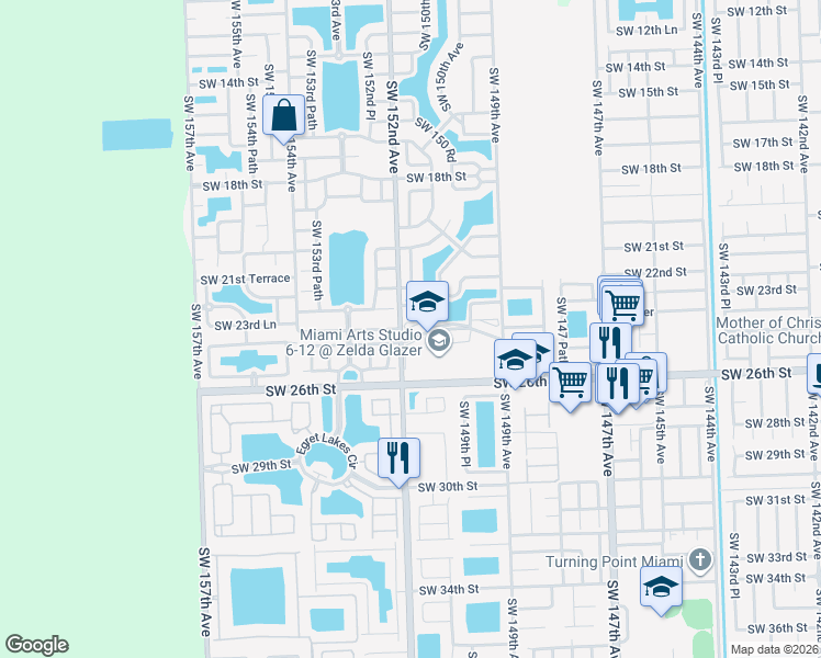 map of restaurants, bars, coffee shops, grocery stores, and more near 15201 Southwest 24th Street in Miami