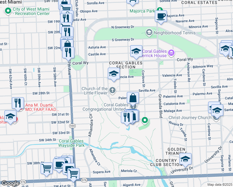 map of restaurants, bars, coffee shops, grocery stores, and more near 2711 Indian Mound Trail in Coral Gables