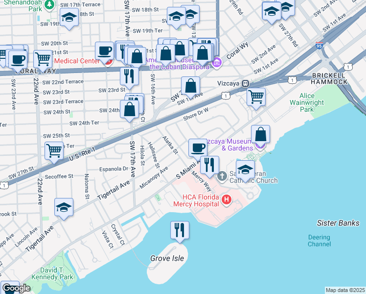 map of restaurants, bars, coffee shops, grocery stores, and more near 210 Shore Drive West in Miami