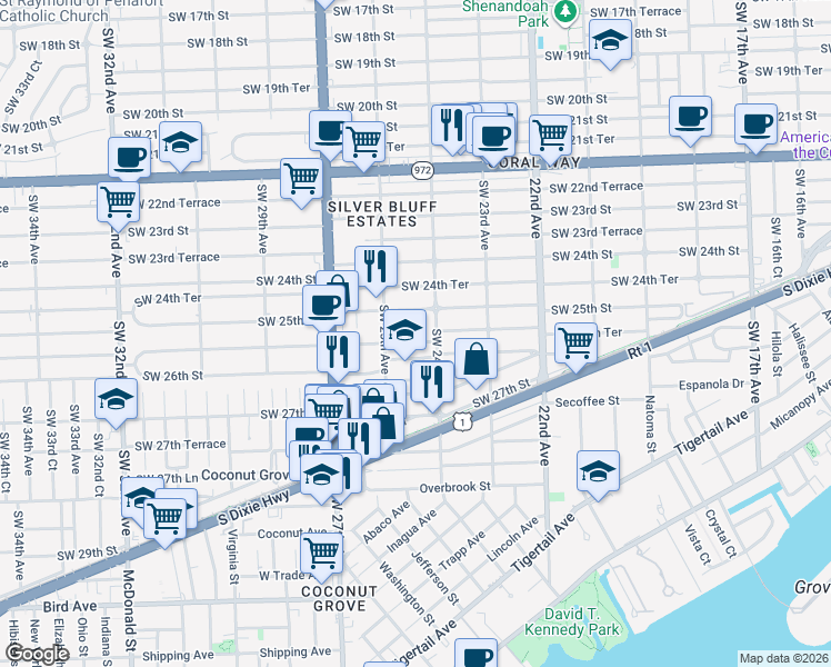 map of restaurants, bars, coffee shops, grocery stores, and more near 2437 Southwest 25th Terrace in Miami
