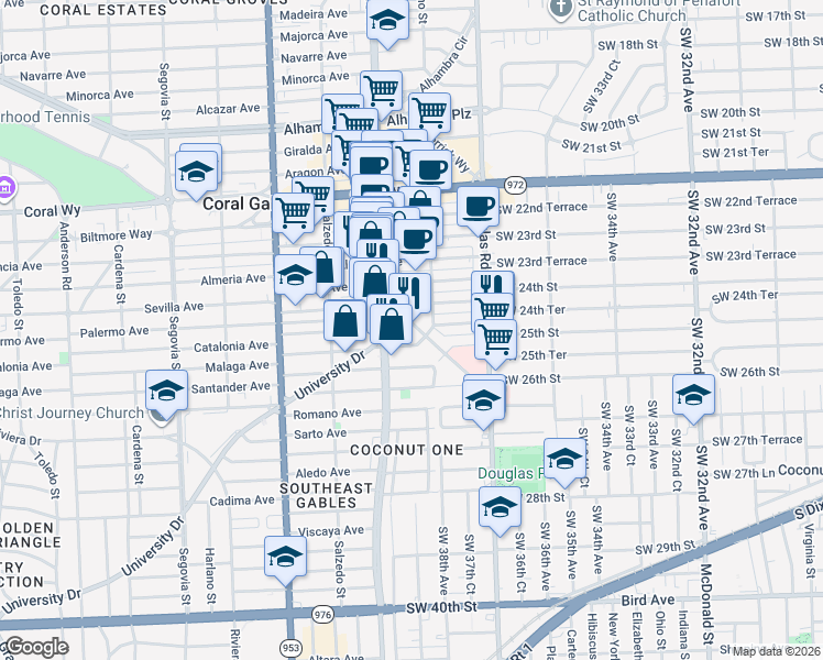 map of restaurants, bars, coffee shops, grocery stores, and more near 2950 Coconut Grove Drive in Coral Gables