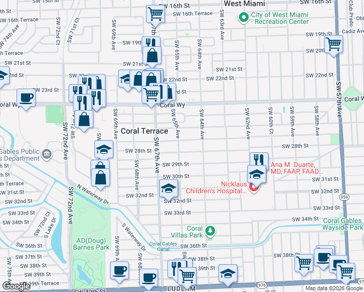 map of restaurants, bars, coffee shops, grocery stores, and more near 2765 Southwest 65th Avenue in Miami