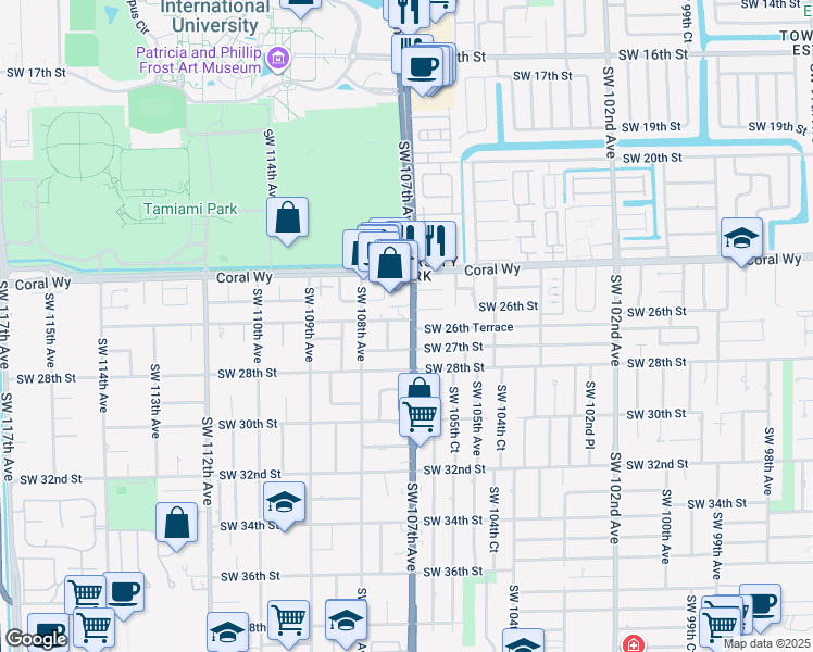 map of restaurants, bars, coffee shops, grocery stores, and more near 2621 Southwest 107th Court in Miami