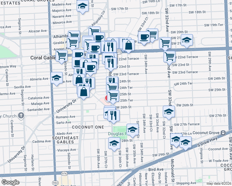 map of restaurants, bars, coffee shops, grocery stores, and more near 3675 Southwest 25th Street in Miami