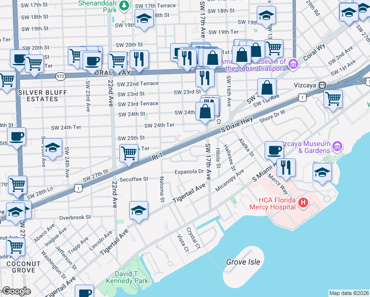 map of restaurants, bars, coffee shops, grocery stores, and more near 2621 Nocatee Drive in Miami