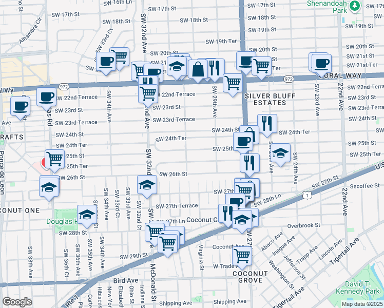 map of restaurants, bars, coffee shops, grocery stores, and more near 3031 Southwest 25th Terrace in Miami