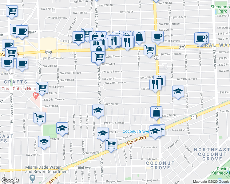 map of restaurants, bars, coffee shops, grocery stores, and more near 3129 Southwest 25th Terrace in Miami