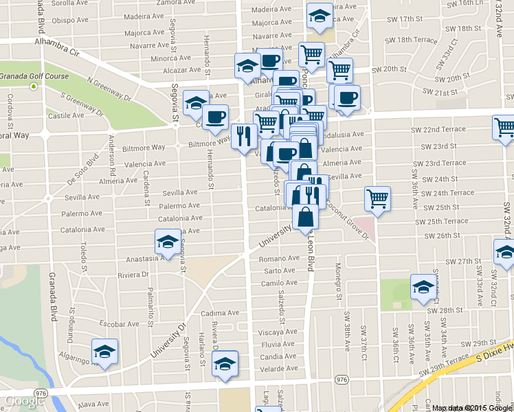 map of restaurants, bars, coffee shops, grocery stores, and more near 346 Catalonia Avenue in Coral Gables