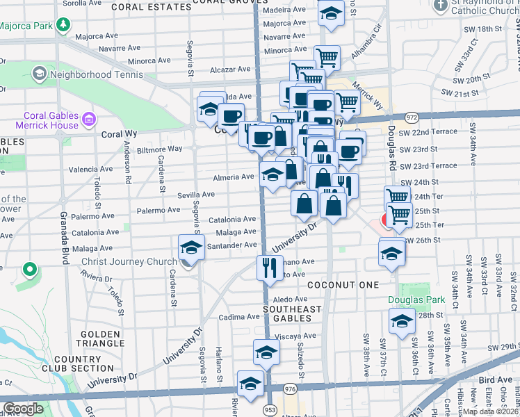 map of restaurants, bars, coffee shops, grocery stores, and more near 346 Catalonia Avenue in Coral Gables