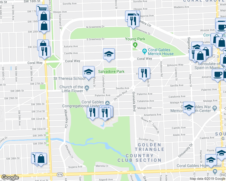 map of restaurants, bars, coffee shops, grocery stores, and more near 1101 Palermo Avenue in Coral Gables