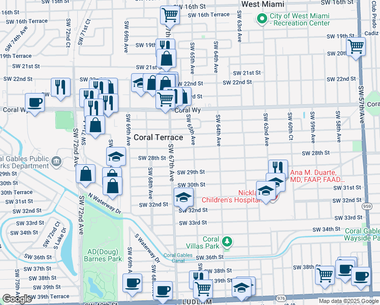 map of restaurants, bars, coffee shops, grocery stores, and more near 6547 Southwest 28th Street in Miami
