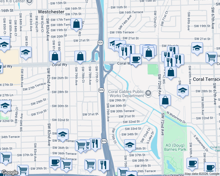 map of restaurants, bars, coffee shops, grocery stores, and more near 7590 Southwest 28th Street in Miami