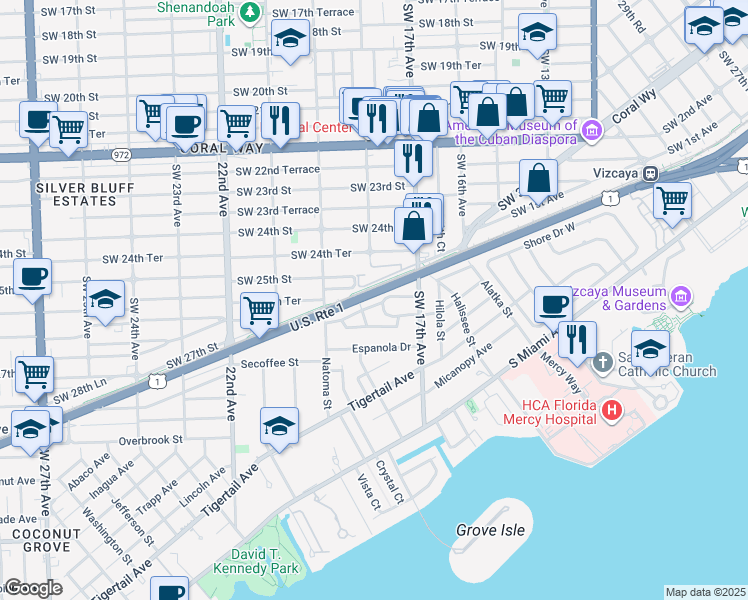 map of restaurants, bars, coffee shops, grocery stores, and more near 2621 Nocatee Drive in Miami