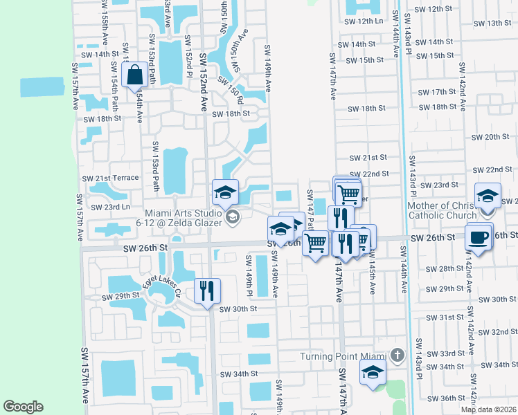 map of restaurants, bars, coffee shops, grocery stores, and more near 14974 Southwest 23rd Way in Miami