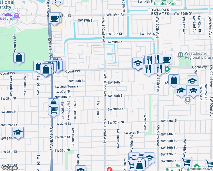 map of restaurants, bars, coffee shops, grocery stores, and more near 10140 Southwest 26th Terrace in Miami