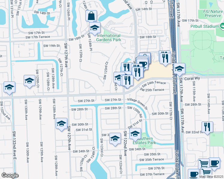 map of restaurants, bars, coffee shops, grocery stores, and more near 2554 Southwest 122nd Court in Miami