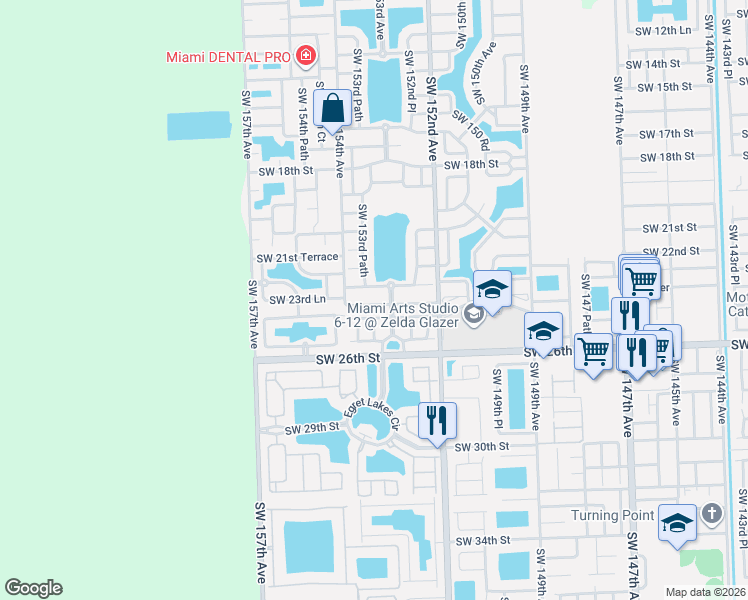map of restaurants, bars, coffee shops, grocery stores, and more near 15335 Southwest 23rd Lane in Miami