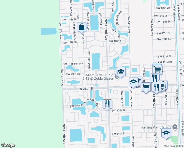 map of restaurants, bars, coffee shops, grocery stores, and more near 15335 Southwest 23rd Lane in Miami