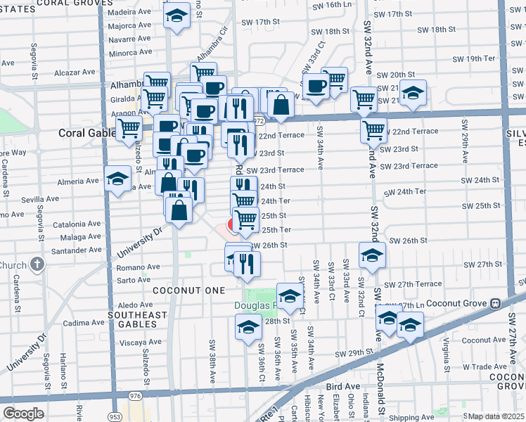 map of restaurants, bars, coffee shops, grocery stores, and more near 3654 Southwest 25th Street in Miami