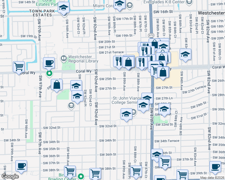 map of restaurants, bars, coffee shops, grocery stores, and more near 2735 Southwest 90th Avenue in Miami