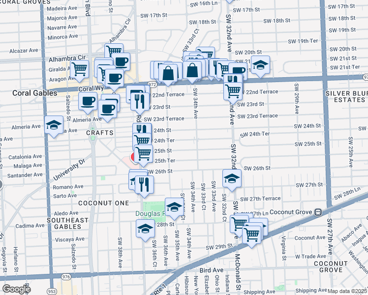 map of restaurants, bars, coffee shops, grocery stores, and more near 3432 Southwest 25th Street in Miami