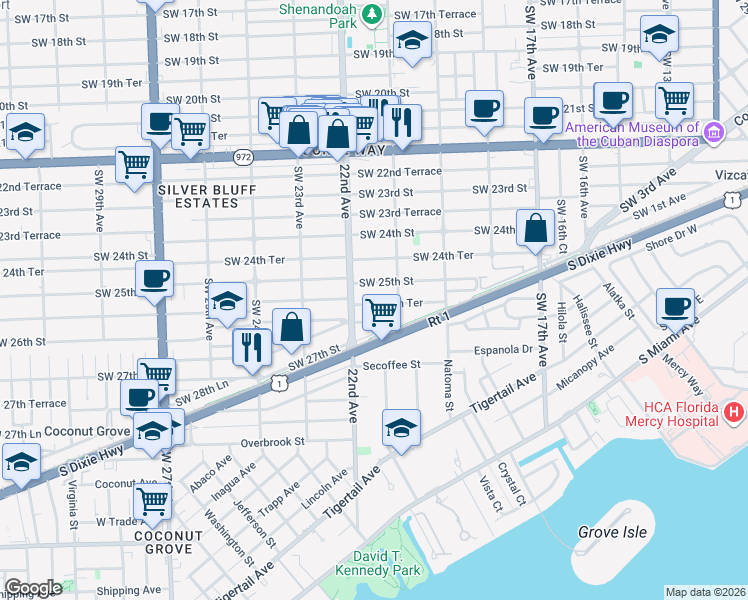 map of restaurants, bars, coffee shops, grocery stores, and more near 2154 Southwest 25th Terrace in Miami