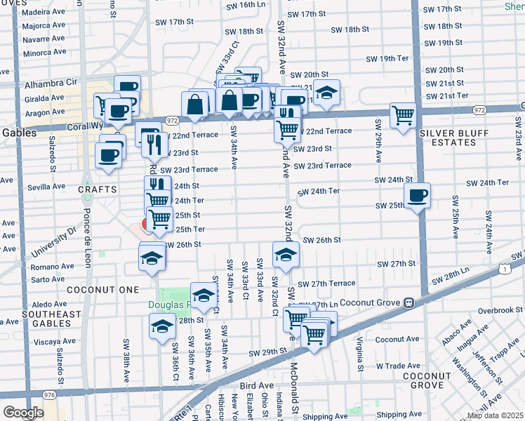 map of restaurants, bars, coffee shops, grocery stores, and more near 3334 Southwest 25th Street in Miami
