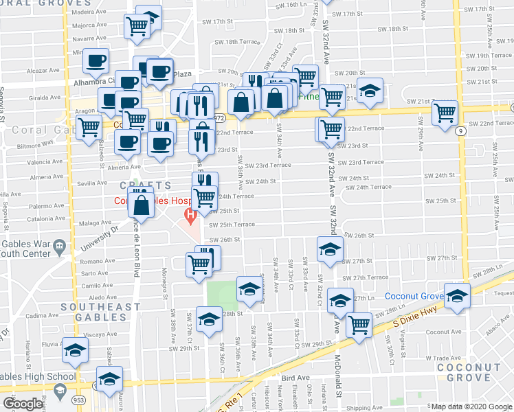 map of restaurants, bars, coffee shops, grocery stores, and more near 3562 Southwest 25th Street in Miami