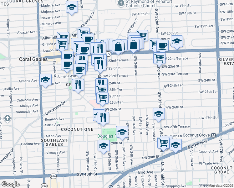 map of restaurants, bars, coffee shops, grocery stores, and more near 3562 Southwest 25th Street in Miami