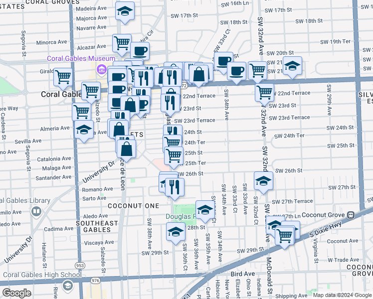 map of restaurants, bars, coffee shops, grocery stores, and more near 3654 Southwest 25th Street in Miami
