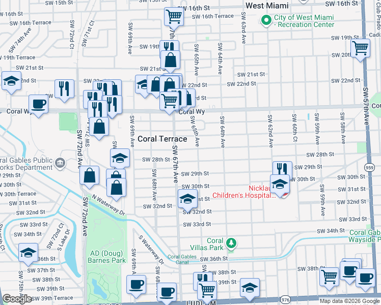 map of restaurants, bars, coffee shops, grocery stores, and more near 6547 Southwest 28th Street in Miami
