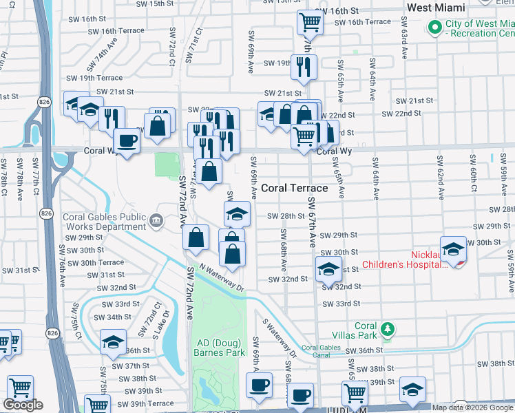 map of restaurants, bars, coffee shops, grocery stores, and more near 2720 Southwest 69th Avenue in Miami