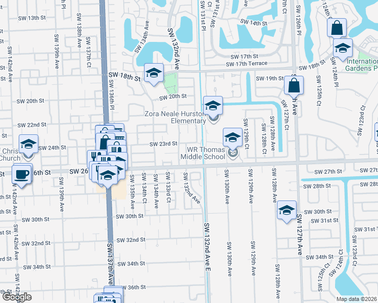 map of restaurants, bars, coffee shops, grocery stores, and more near 2500 Southwest 131st Court in Miami
