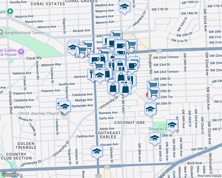 map of restaurants, bars, coffee shops, grocery stores, and more near 3000 Salzedo Street in Coral Gables