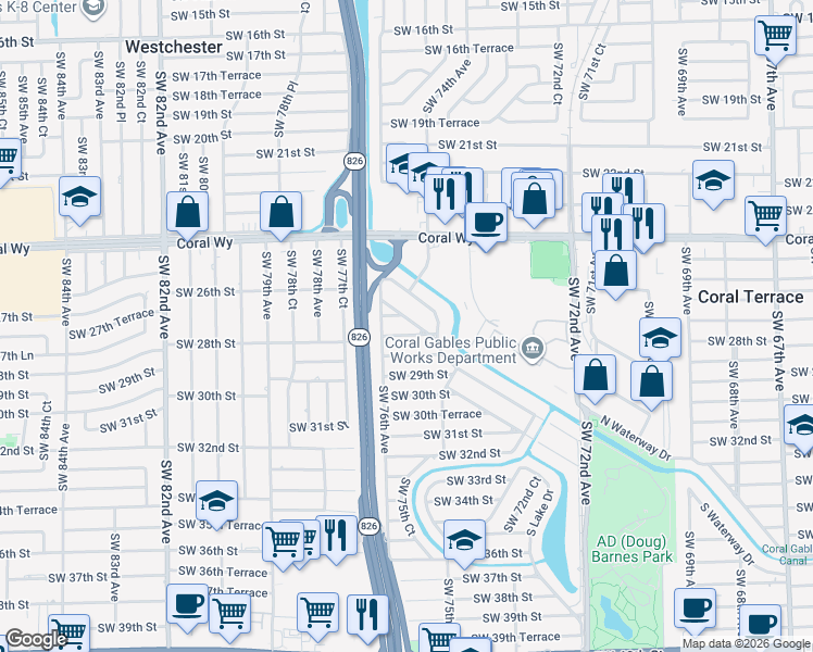 map of restaurants, bars, coffee shops, grocery stores, and more near 7530 Southwest 28th Street in Miami