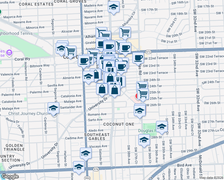 map of restaurants, bars, coffee shops, grocery stores, and more near 2990 Ponce de Leon Boulevard in Coral Gables
