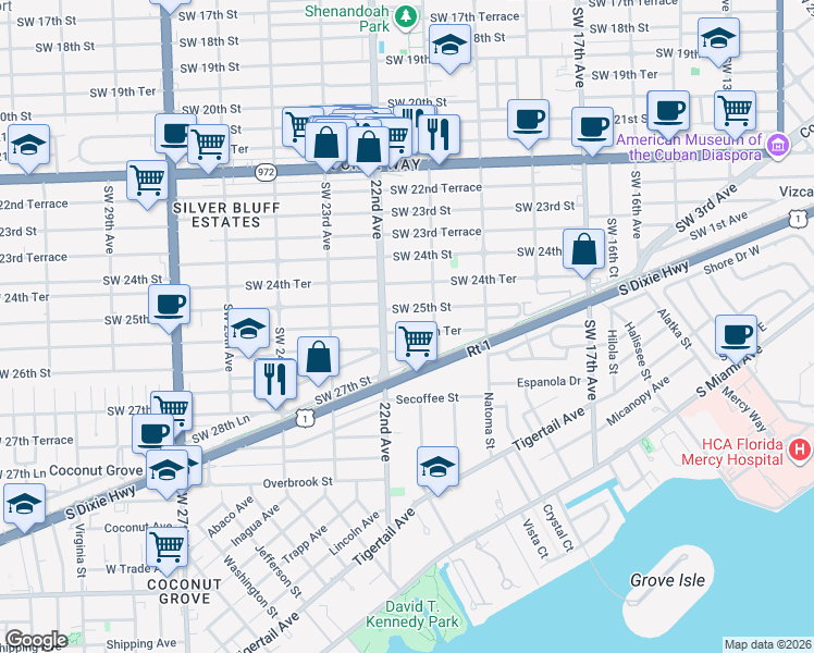 map of restaurants, bars, coffee shops, grocery stores, and more near 2154 Southwest 25th Terrace in Miami