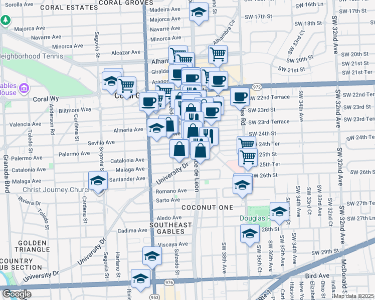 map of restaurants, bars, coffee shops, grocery stores, and more near 2990 Ponce de Leon Boulevard in Coral Gables