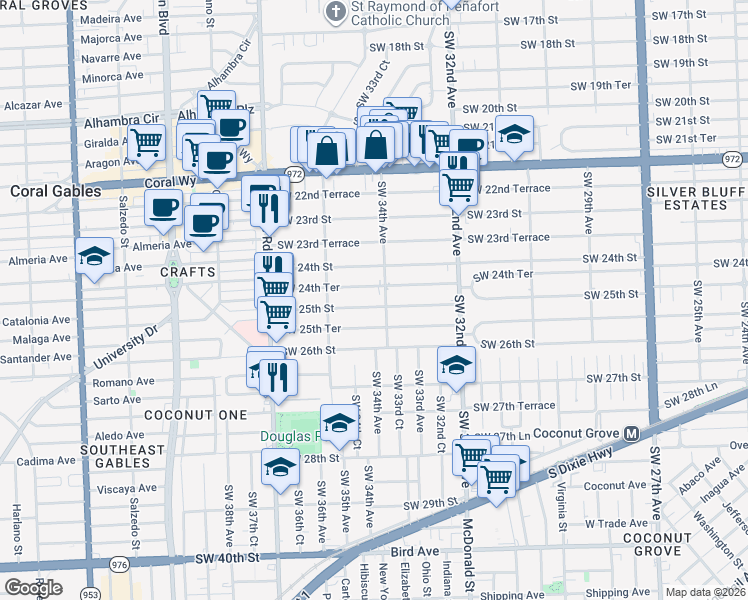 map of restaurants, bars, coffee shops, grocery stores, and more near 3432 Southwest 25th Street in Miami