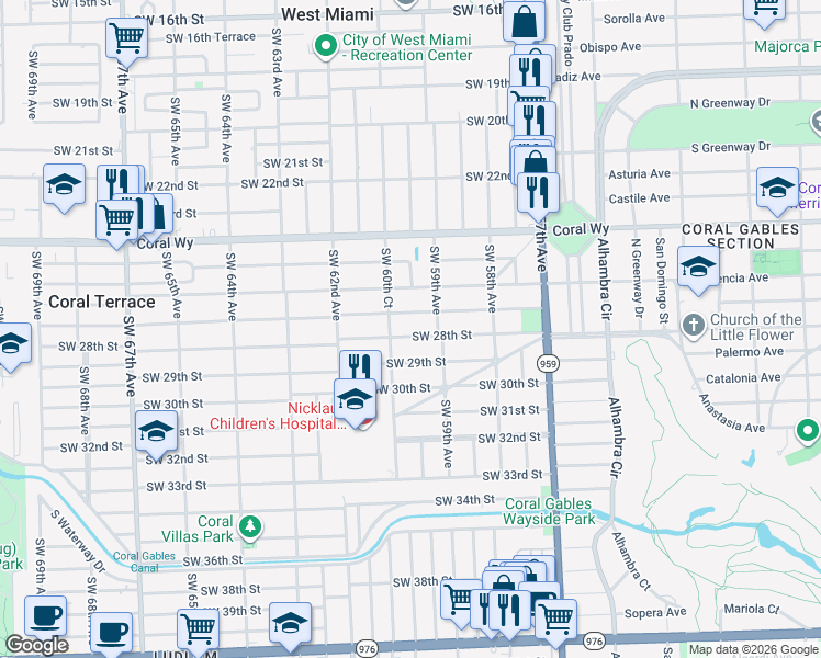 map of restaurants, bars, coffee shops, grocery stores, and more near 5932 Southwest 28th Street in Miami