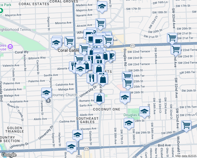 map of restaurants, bars, coffee shops, grocery stores, and more near 216 Catalonia Avenue in Coral Gables