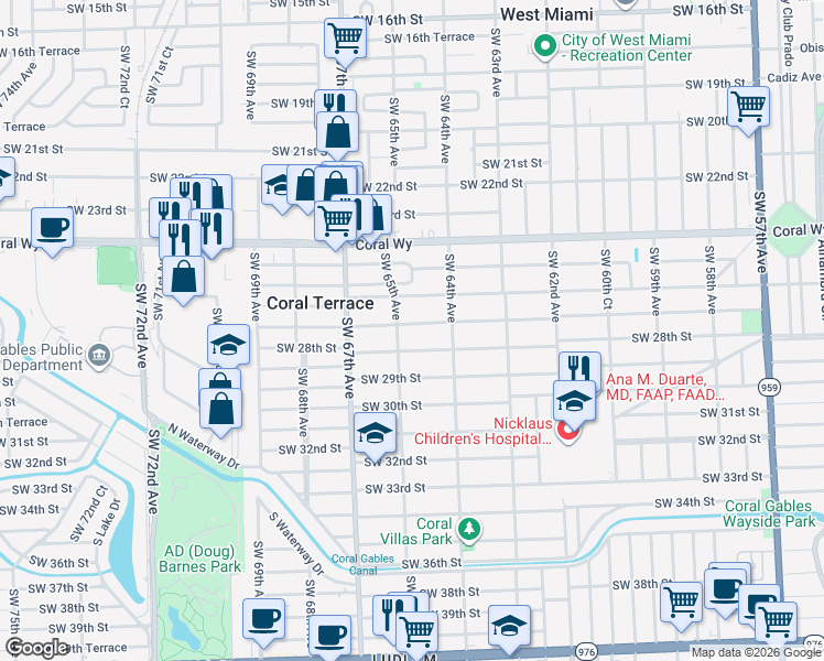 map of restaurants, bars, coffee shops, grocery stores, and more near 2765 Southwest 65th Avenue in Miami