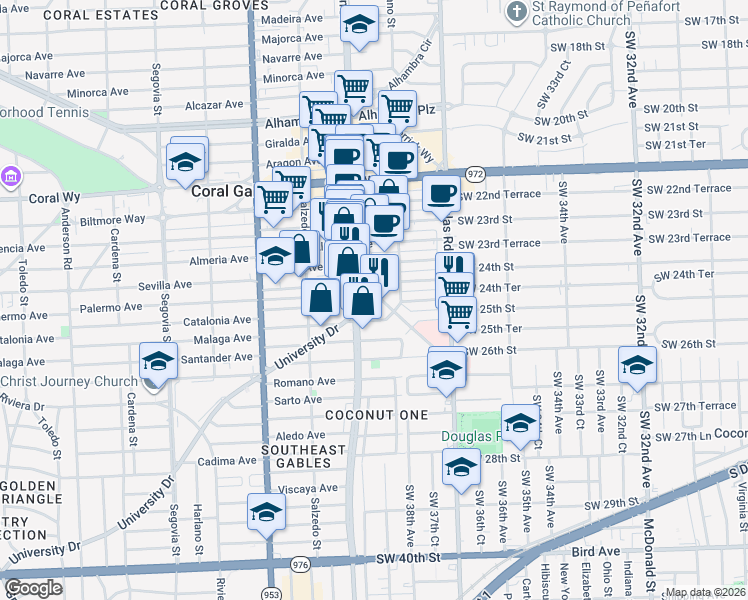 map of restaurants, bars, coffee shops, grocery stores, and more near 2950 Coconut Grove Drive in Coral Gables
