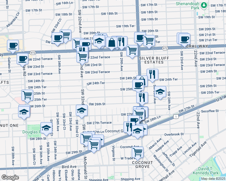 map of restaurants, bars, coffee shops, grocery stores, and more near 3031 Southwest 25th Terrace in Miami