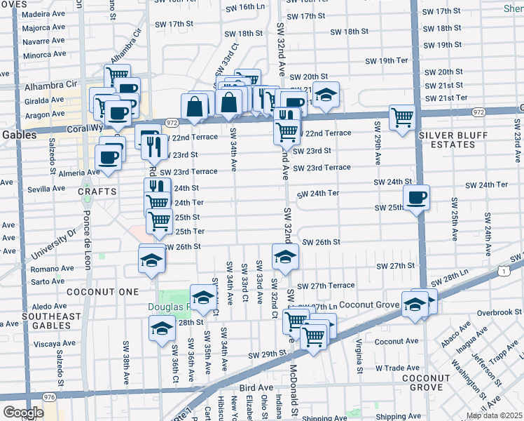 map of restaurants, bars, coffee shops, grocery stores, and more near 3334 Southwest 25th Street in Miami