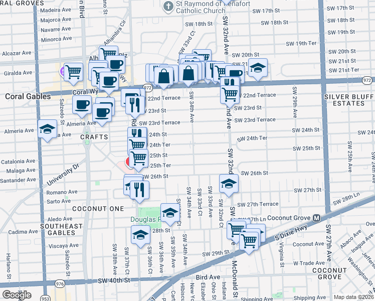map of restaurants, bars, coffee shops, grocery stores, and more near 3432 Southwest 25th Street in Miami