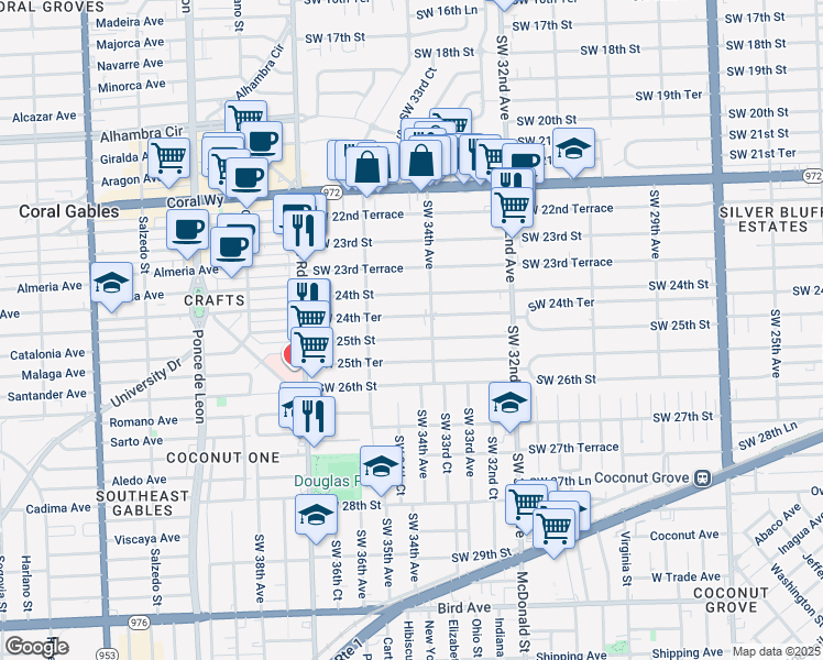 map of restaurants, bars, coffee shops, grocery stores, and more near 3432 Southwest 25th Street in Miami